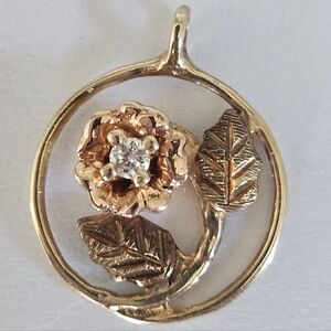 Super Cute Vintage 14k Yellow Rose Gold Diamond Rose Charm Pendant